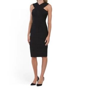 HERVE LEGER Black Draped Cross Neck Midi Dress